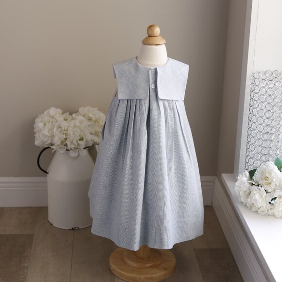 Blue Linen Float Dress Crocheted Lace Square Bib Collar Bailey Boys Boutique  2T - Picture 4 of 4